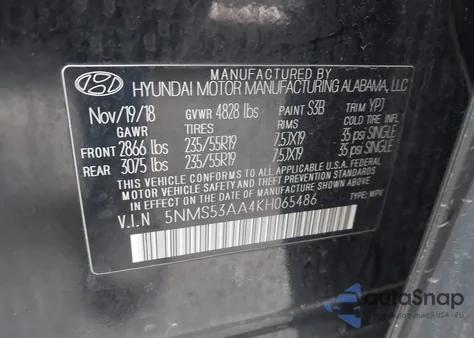 2019 Hyundai Santa Fe Limited 2.0T from USA, damaged, VIN 5NMS53AA4KH065486